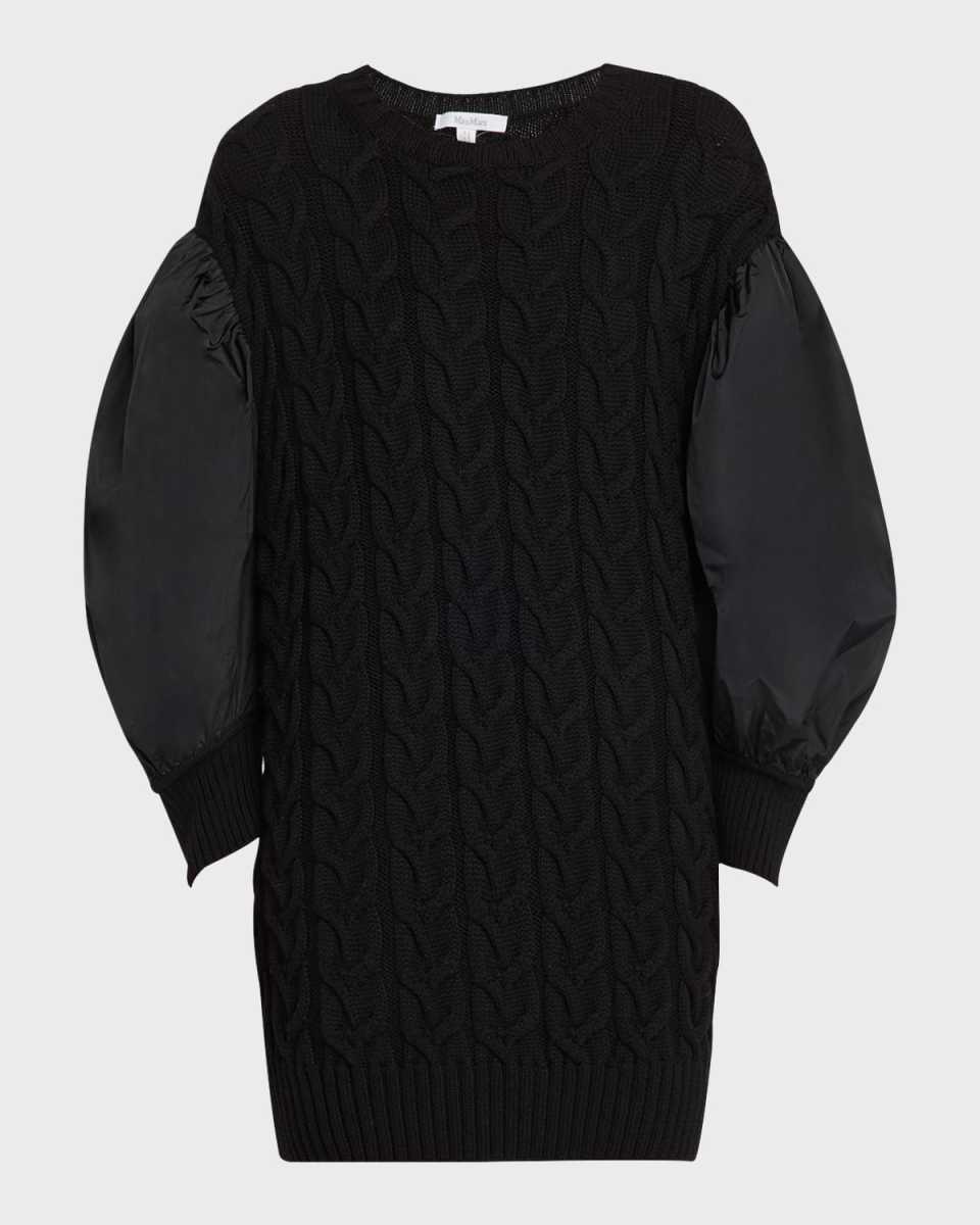 Ancella Silk Puff-Sleeve Cable Knit Tunic Sweater